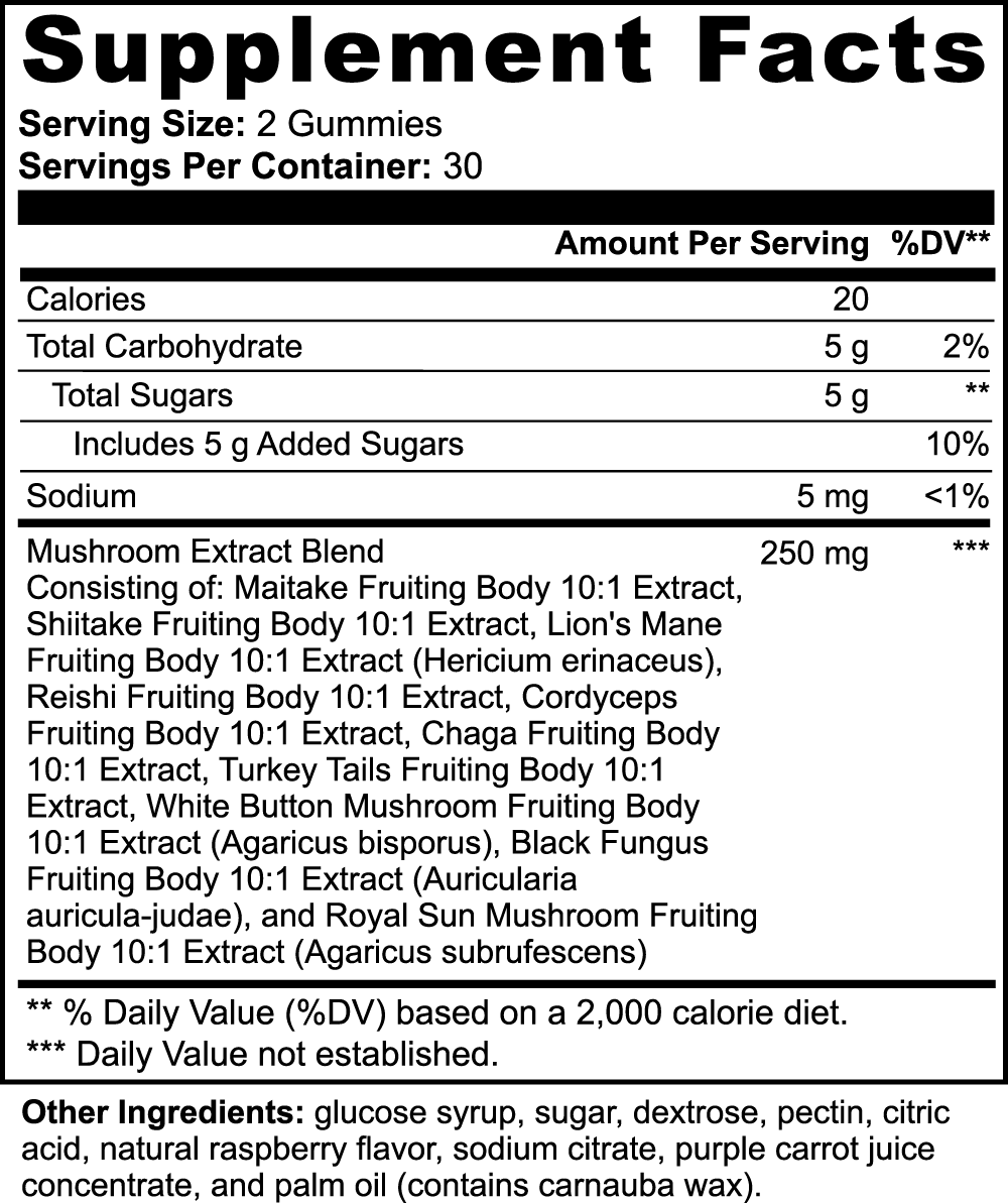 10-in-1 Mushroom Complex Gummies: Lion's Mane, Reishi, Cordyceps, Chaga, Turkey Tail & More - 2,500mg 10:1 Extract